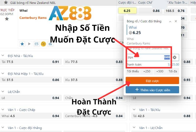 Nhấn vào “Đặt cược” để hoàn thành quá trình đặt cược Nhấn vào “Đặt cược” để hoàn thành quá trình đặt cược