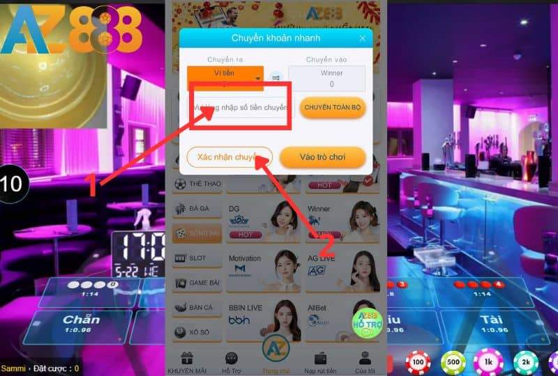Nhập số tiền chuyển khoản từ ví chính sang sảnh chơi Nhập số tiền chuyển khoản từ ví chính sang sảnh chơi