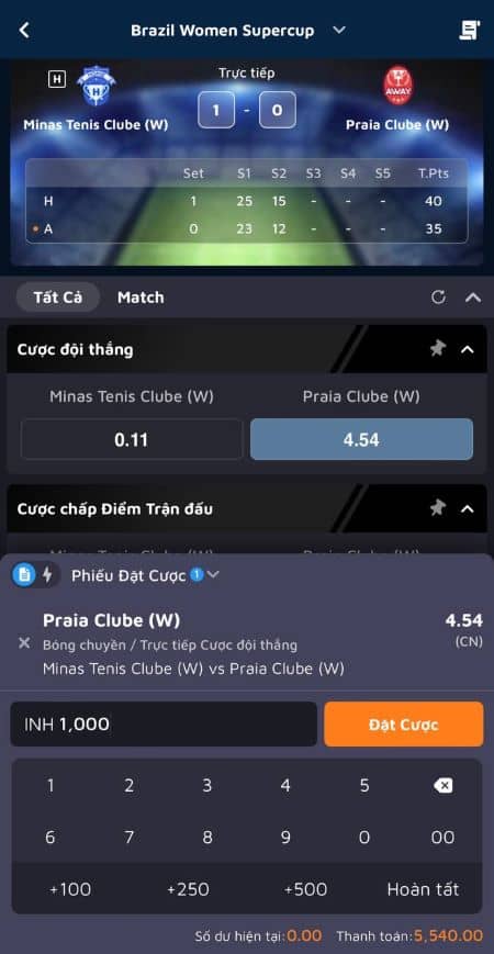 Chọn loại kèo muốn chơi và tiến hành đặt cược Chọn loại kèo muốn chơi và tiến hành đặt cược